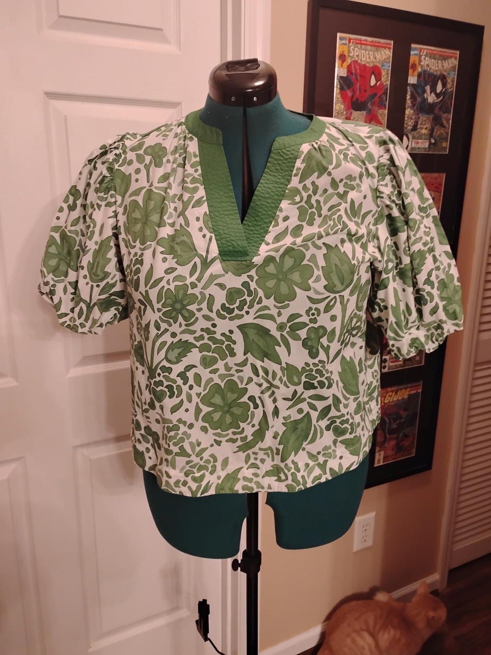 Pinch White Blouse with Green Floral Print and Textured V-Neck